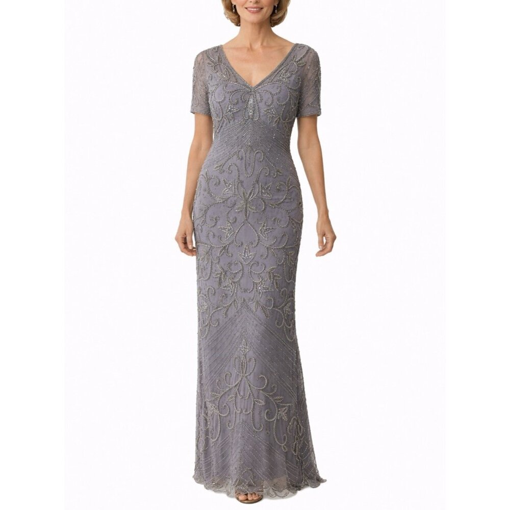 $259 Pisarro Nights Slate Gray Beaded Sequin Column Gown 18 Formal Party NEW